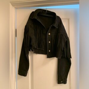 Black cropped jean jacket with fringe